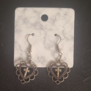 Handmade By Me! Silver-Tone Heart Cross Drop Earrings